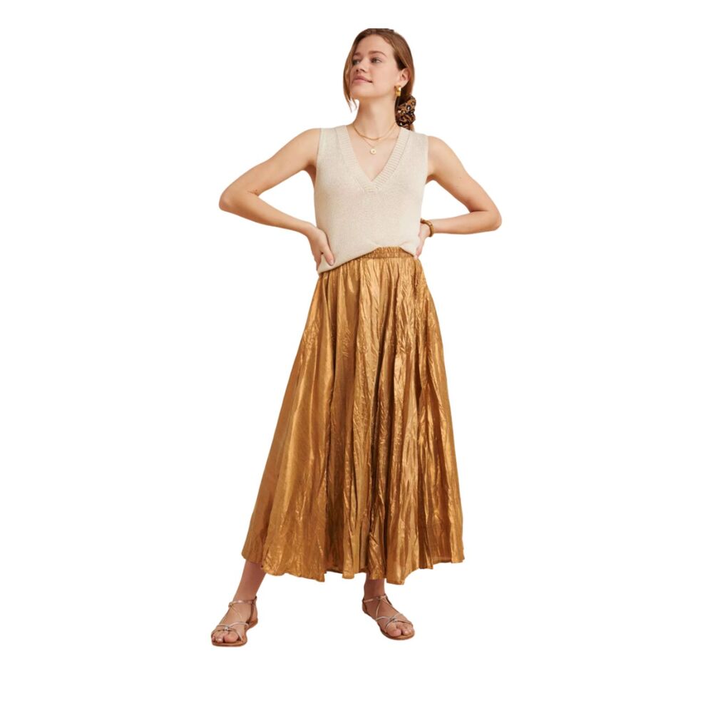 Mes Demoiselles x Anthropologie Harmonia Crinkled Gold Maxi Skirt NWOT Sz M